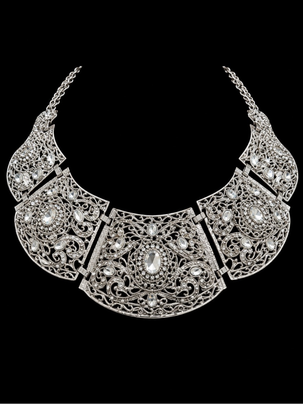 Silver Filigree Statement Necklace with Clear Crystals
